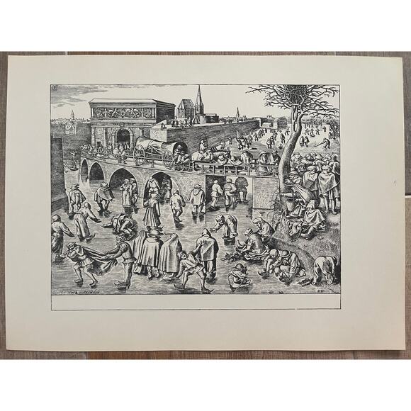Pieter Bruegel, Ice Skating, Antwerp, Engraving, Print, Bookplate ~ 241229-WH 70 - Picture 2 of 2